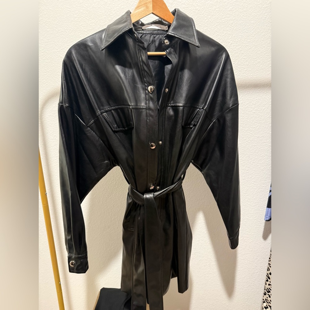 Black Leather Belted Jacket/Dress
